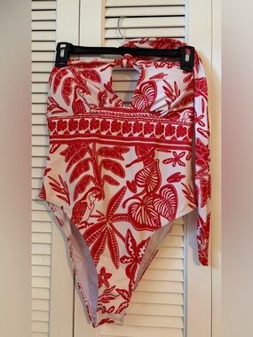 Red and White Tropical One-Piece Swimsuit